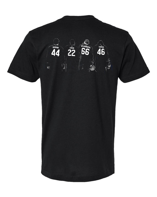 Off Campus Fab 4 Tee with the Briar Team logo on the front and their 4 jerseys on the back
