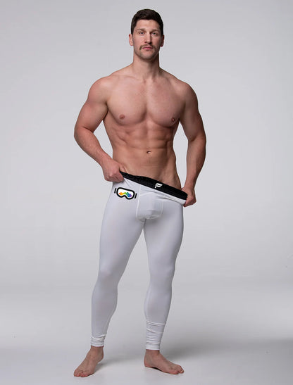 Long Base Layer Tights 3/4 length White with Elevation Goggles logo on front right side