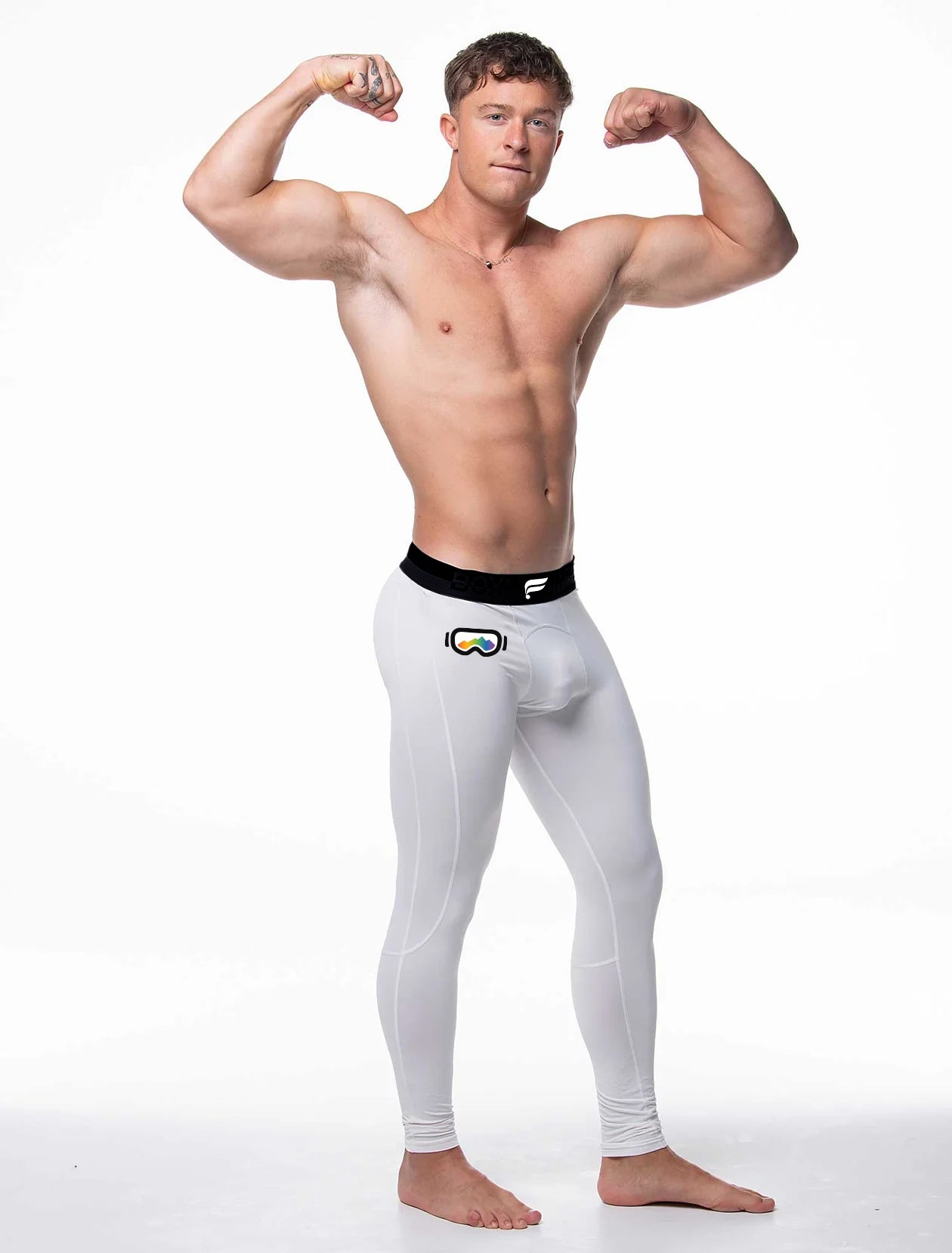 Long Base Layer Tights 3/4 length White with Elevation Goggles logo on front right side