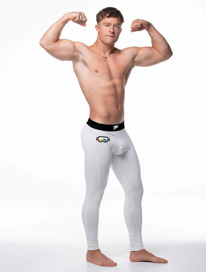 Long Base Layer Tights 3/4 length White with Elevation Goggles logo on front right side