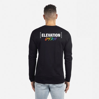 Long Sleeve T-Shirt with Goggles Logo on Front and (ELEVATION) Utah Rainbow Script Logo on back