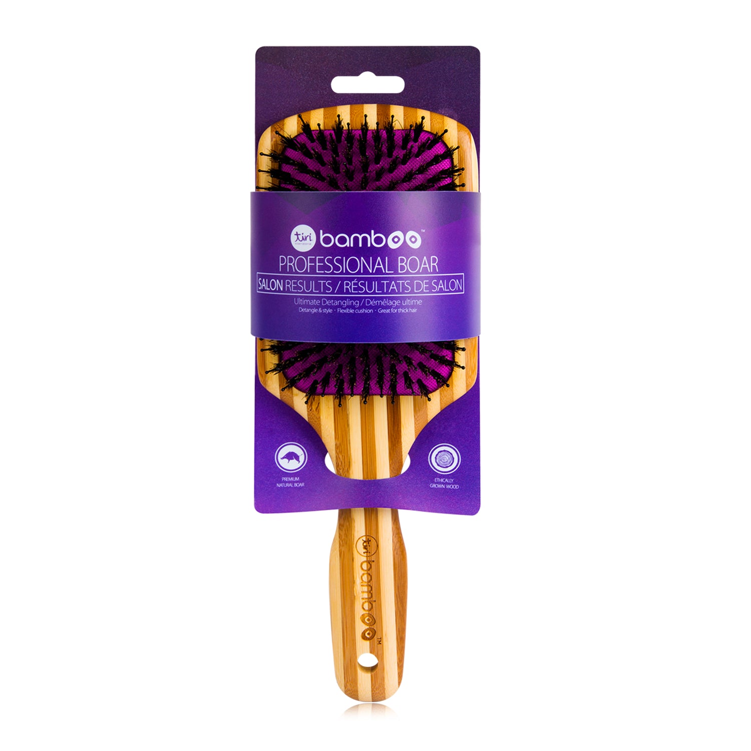 Bamboo XL Detangling Paddle Brush with Boar Bristles - Purple