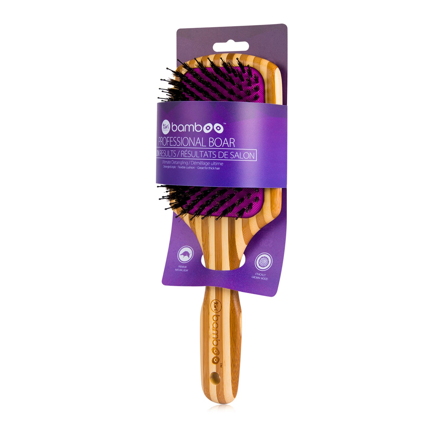Bamboo XL Detangling Paddle Brush with Boar Bristles - Purple