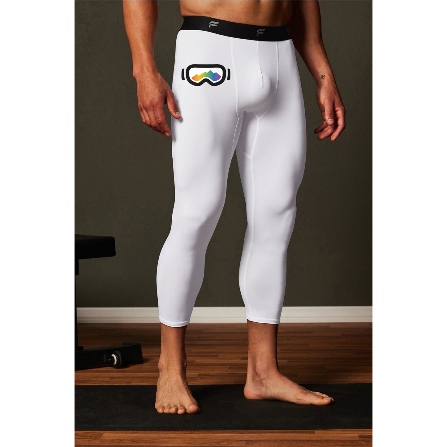 Long Base Layer Tights 3/4 length White with Elevation Goggles logo on front right side