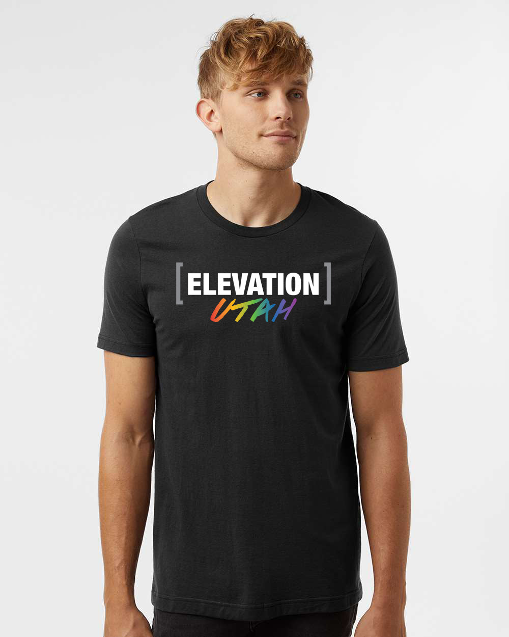 T-Shirt with Elevation Utah Rainbow Script front