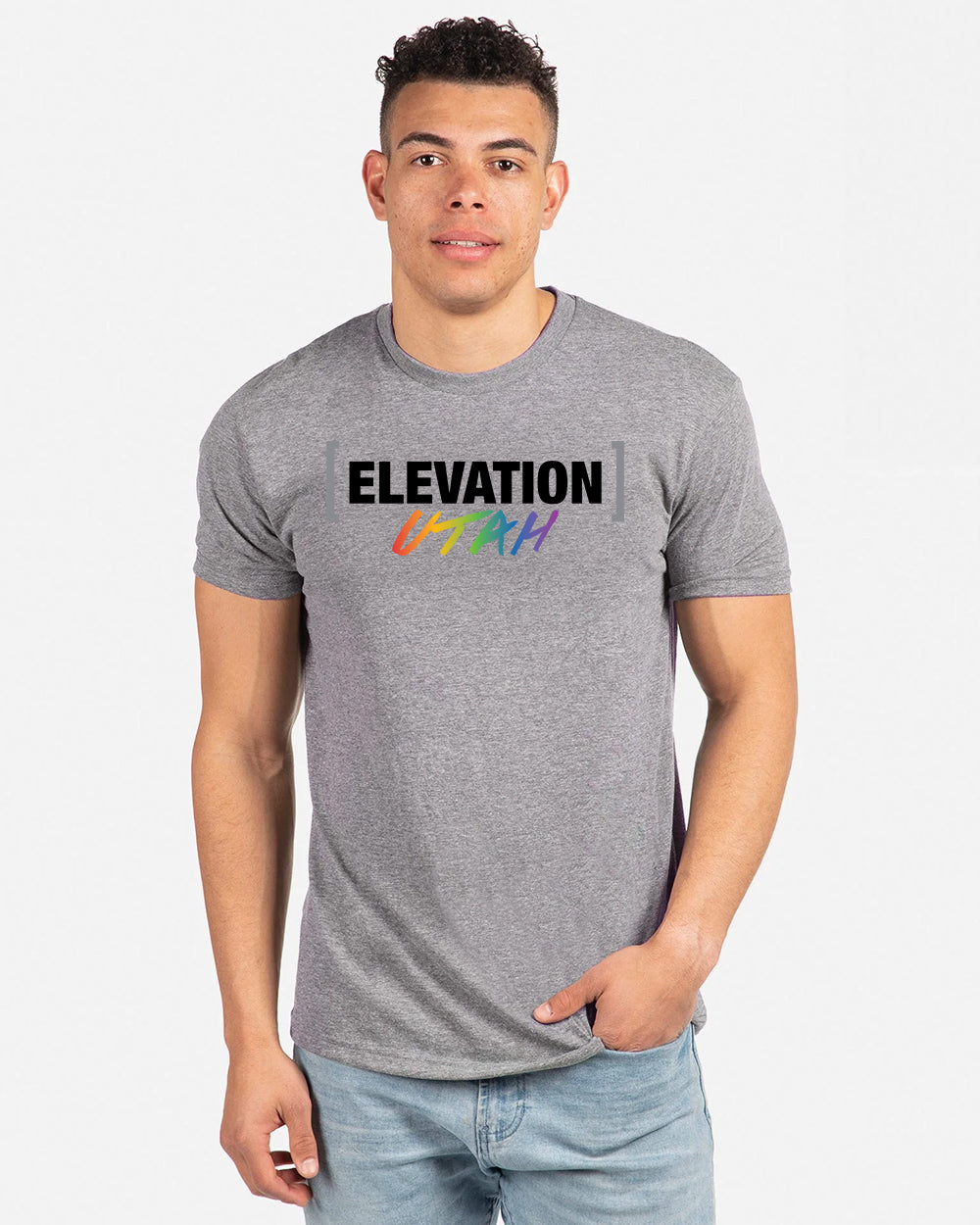 T-Shirt with Elevation Utah Rainbow Script front