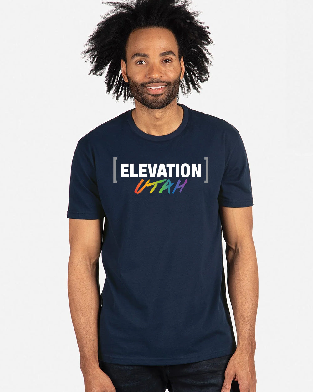 T-Shirt with Elevation Utah Rainbow Script front