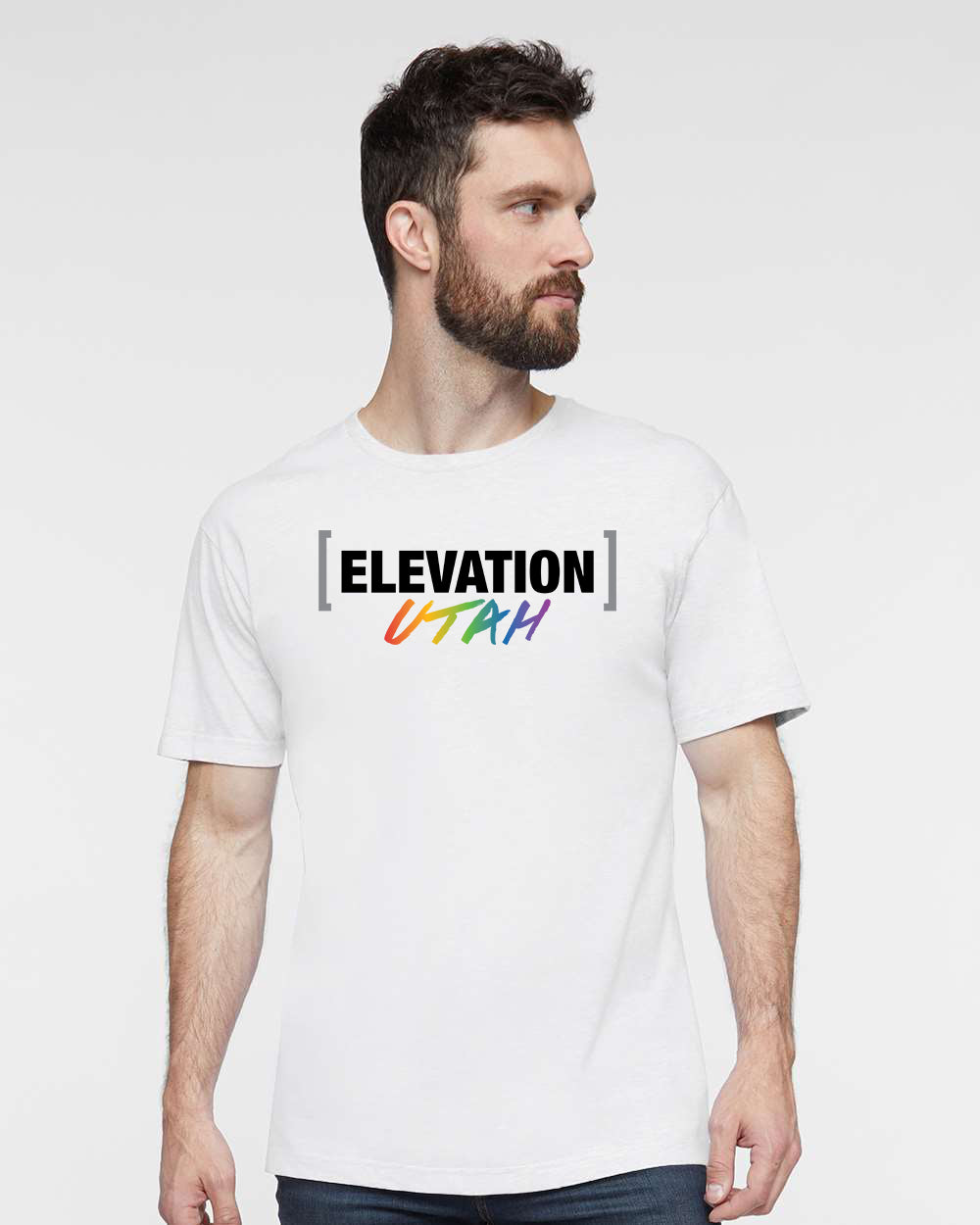 T-Shirt with Elevation Utah Rainbow Script front